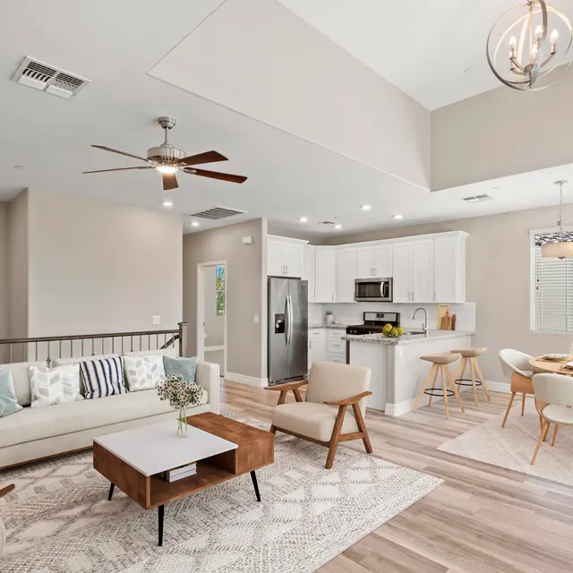 Open concept living room and kitchen area with modern furniture and decor.
