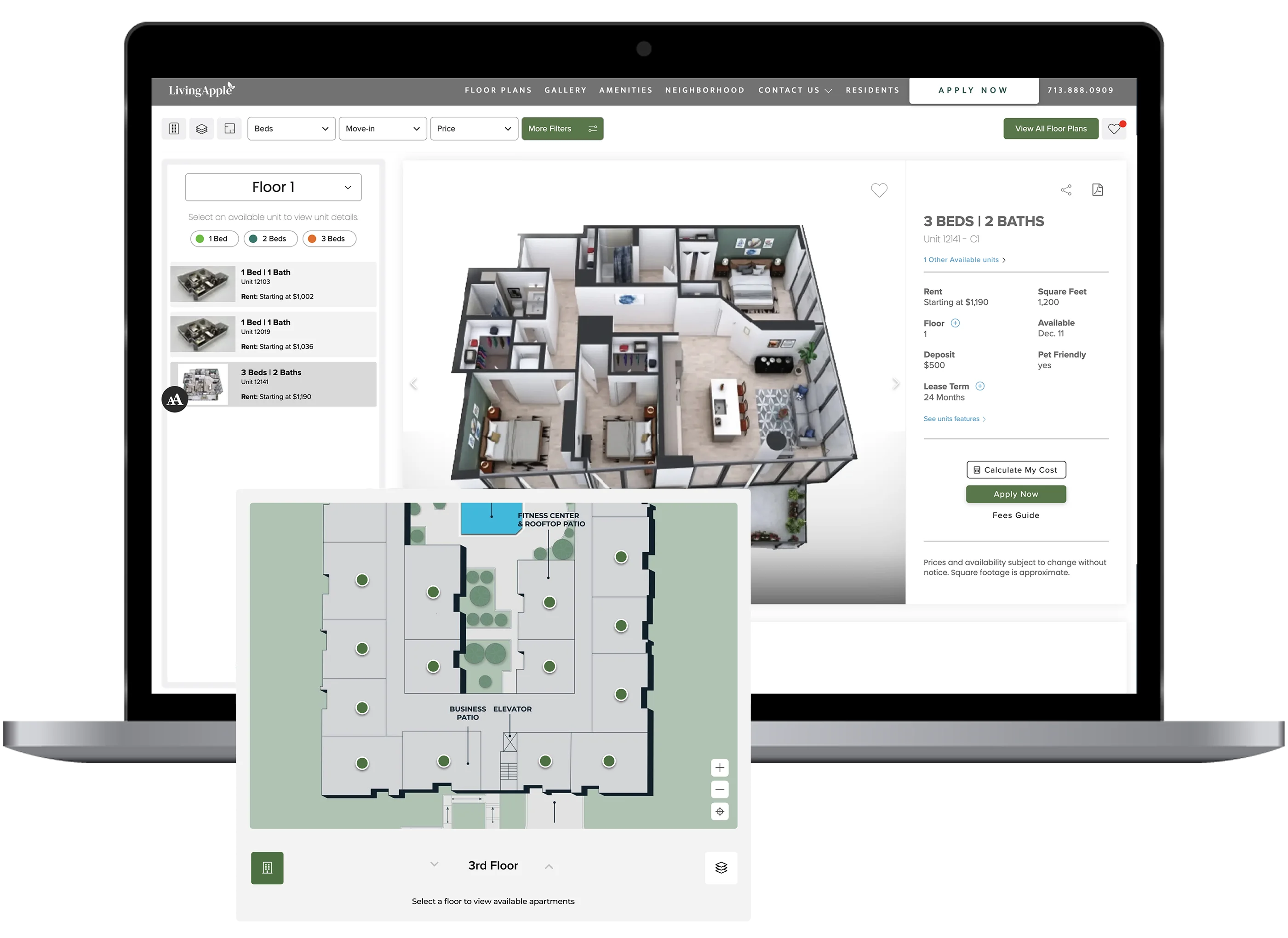 Screenshot of an online apartment listing showing a 3-bedroom, 2-bath floor plan and a map of the building layout.
