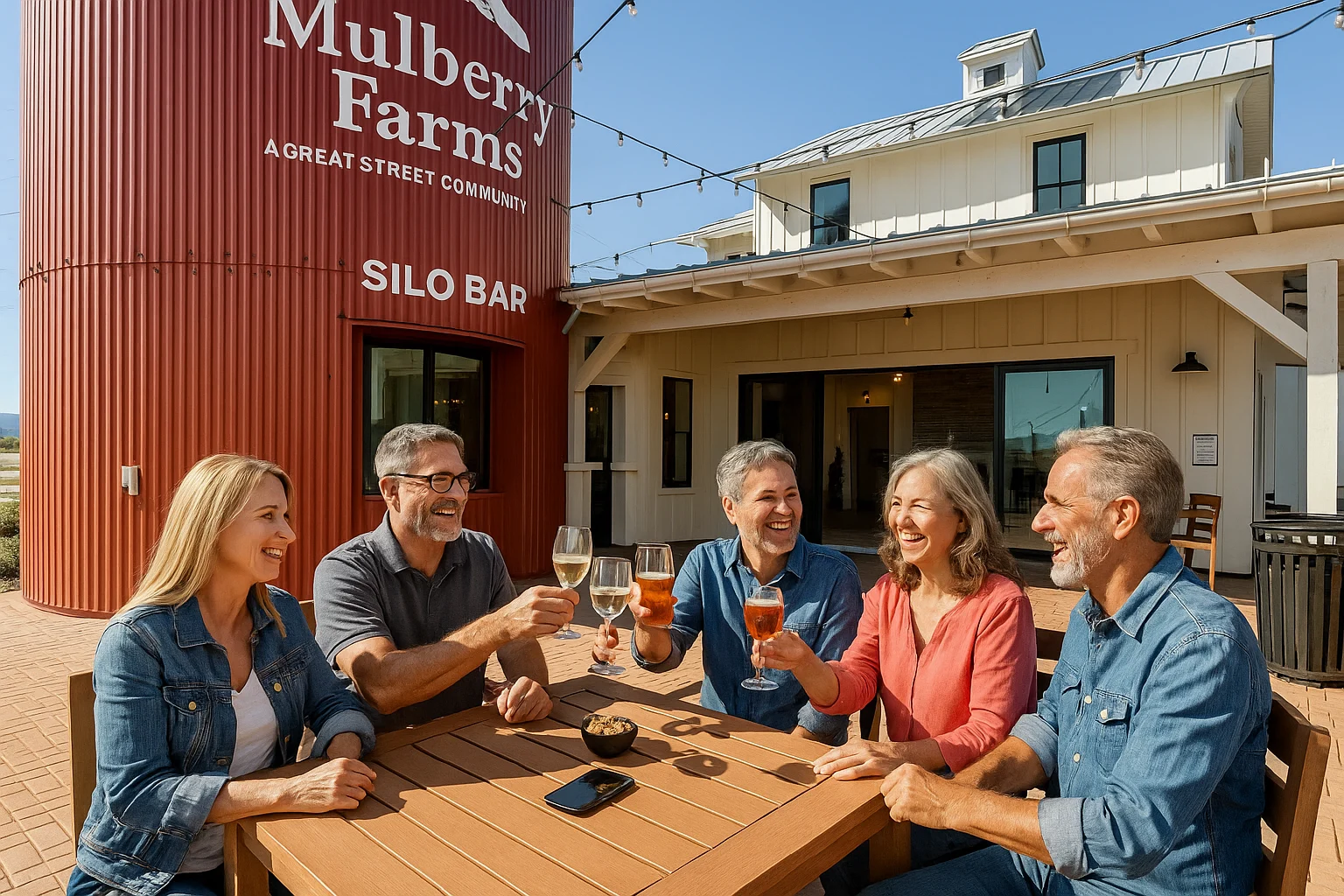 A group of five people enjoying drinks at a wooden table outside a building marked as the Silo Bar at Mulberry Farms.