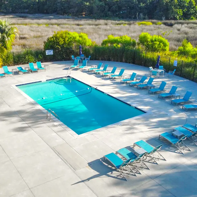 Aerial view of a swimming pool surrounded by lounge chairs and palm trees, set in a green landscape.