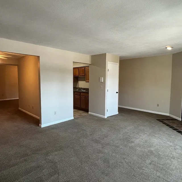 A spacious living room area with carpeted flooring, featuring an adjacent kitchen view and a fireplace.