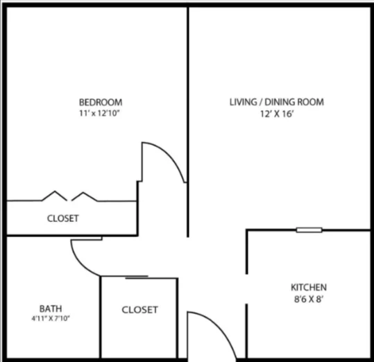 A floor plan layout with labeled rooms including a bedroom, living/dining room, kitchen, bath, and closets.