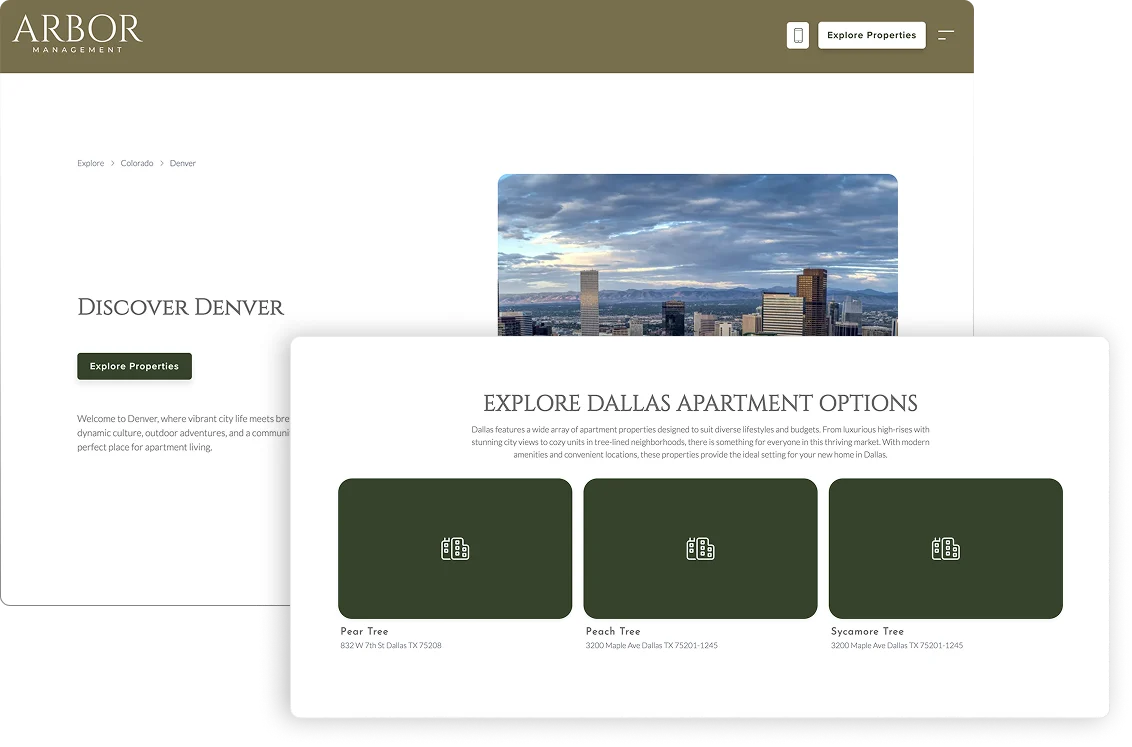 Discover Denver and Explore Dallas Apartment Options Website interface showing options for Denver and Dallas apartment listings with a scenic photo of a city skyline.