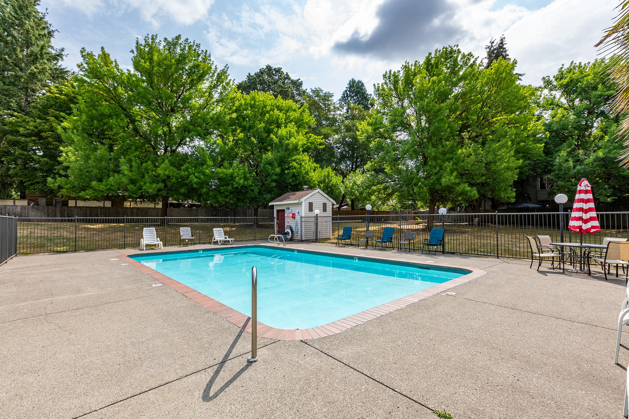 Swimming Pool Area A tranquil swimming pool surrounded by green trees and lounge chairs.