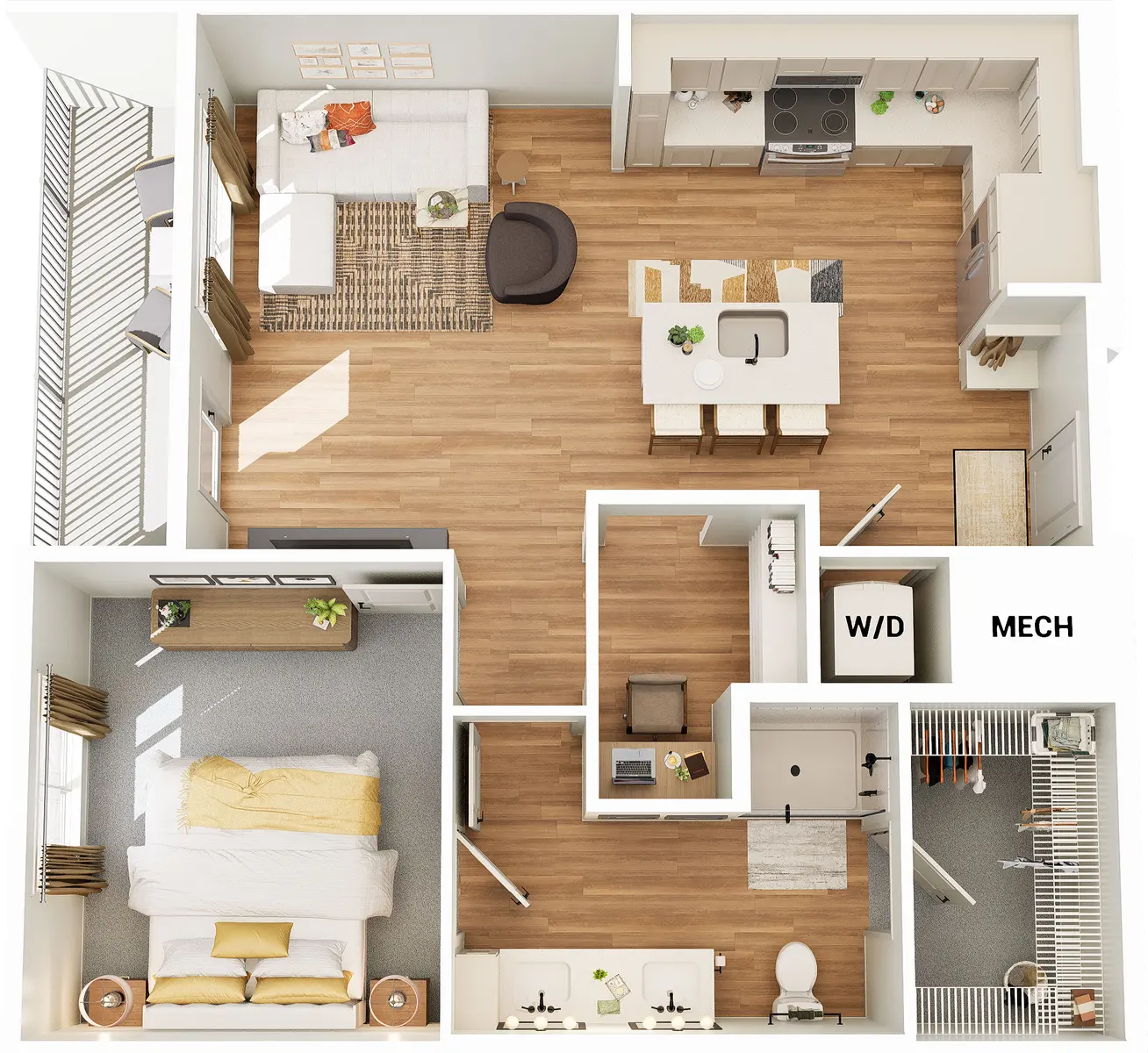 A top-down layout of a modern apartment, featuring a living area, kitchen, dining space, bedroom, bathroom, and laundry area.
