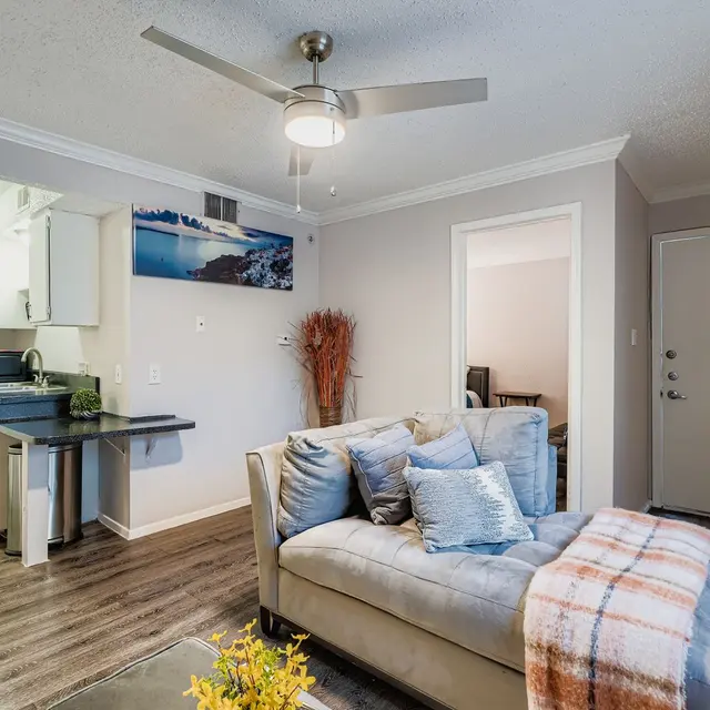 Cozy living room featuring a light gray sofa with blue pillows and a throw blanket, a ceiling fan, and an open kitchen area in the background with a blue and white wall decoration.