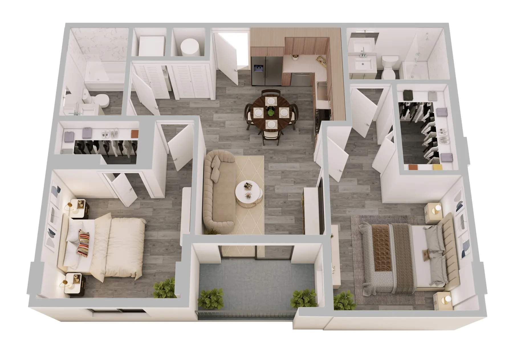Aerial view of a 3D apartment layout showcasing two bedrooms, a living room, a dining area, a kitchen, and two bathrooms.
