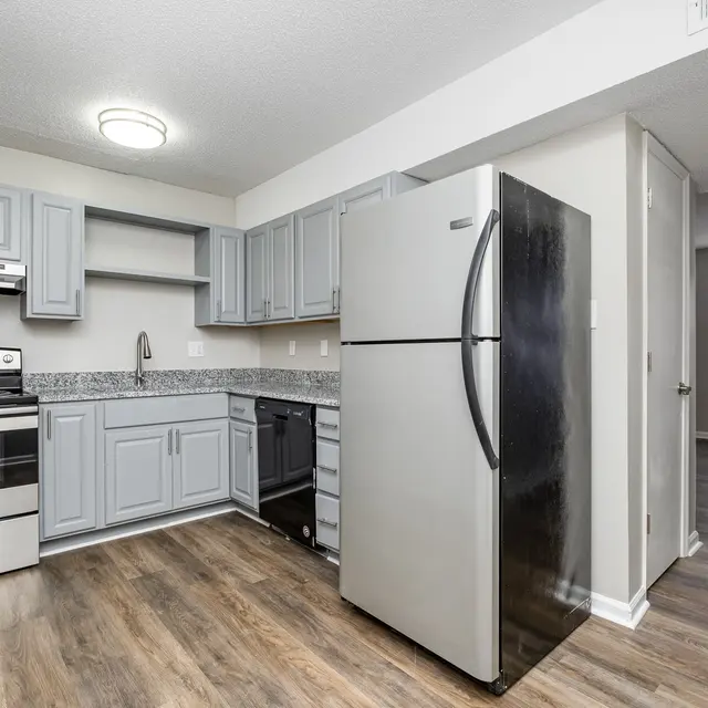 A modern kitchen featuring gray cabinets, stainless steel appliances, and a spacious layout. The kitchen has a refrigerator, stove, and dishwasher, complemented by wood-like flooring.