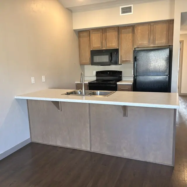 Modern Kitchen Design A modern kitchen with wooden cabinets, black appliances including a microwave, stove, and refrigerator, and a countertop with a sink.