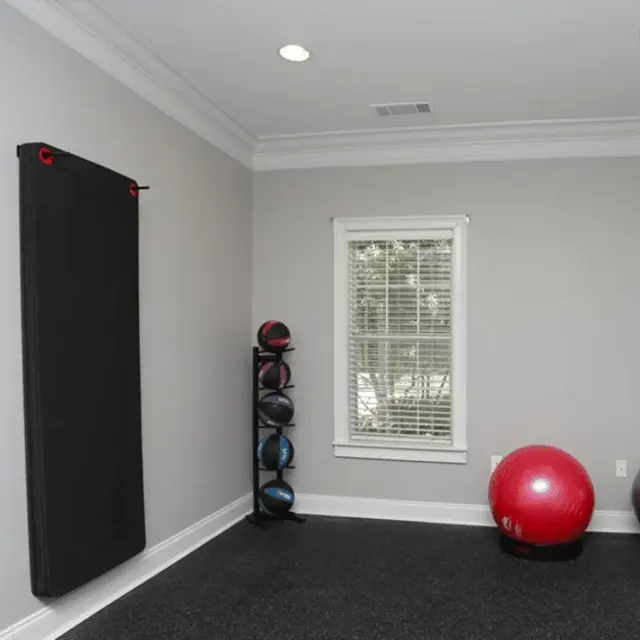 A spacious home gym featuring black rubber flooring, a wall-mounted mat, a rack of exercise balls in various colors, and two large exercise balls in red and silver on the floor.