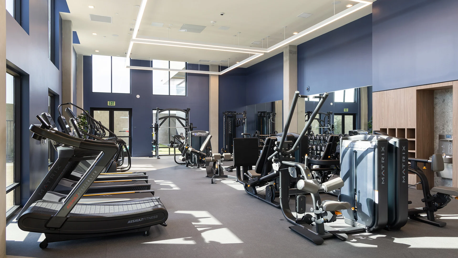 Modern gym interior showcasing various fitness equipment including treadmills, elliptical machines, and weight machines in a well-lit space.