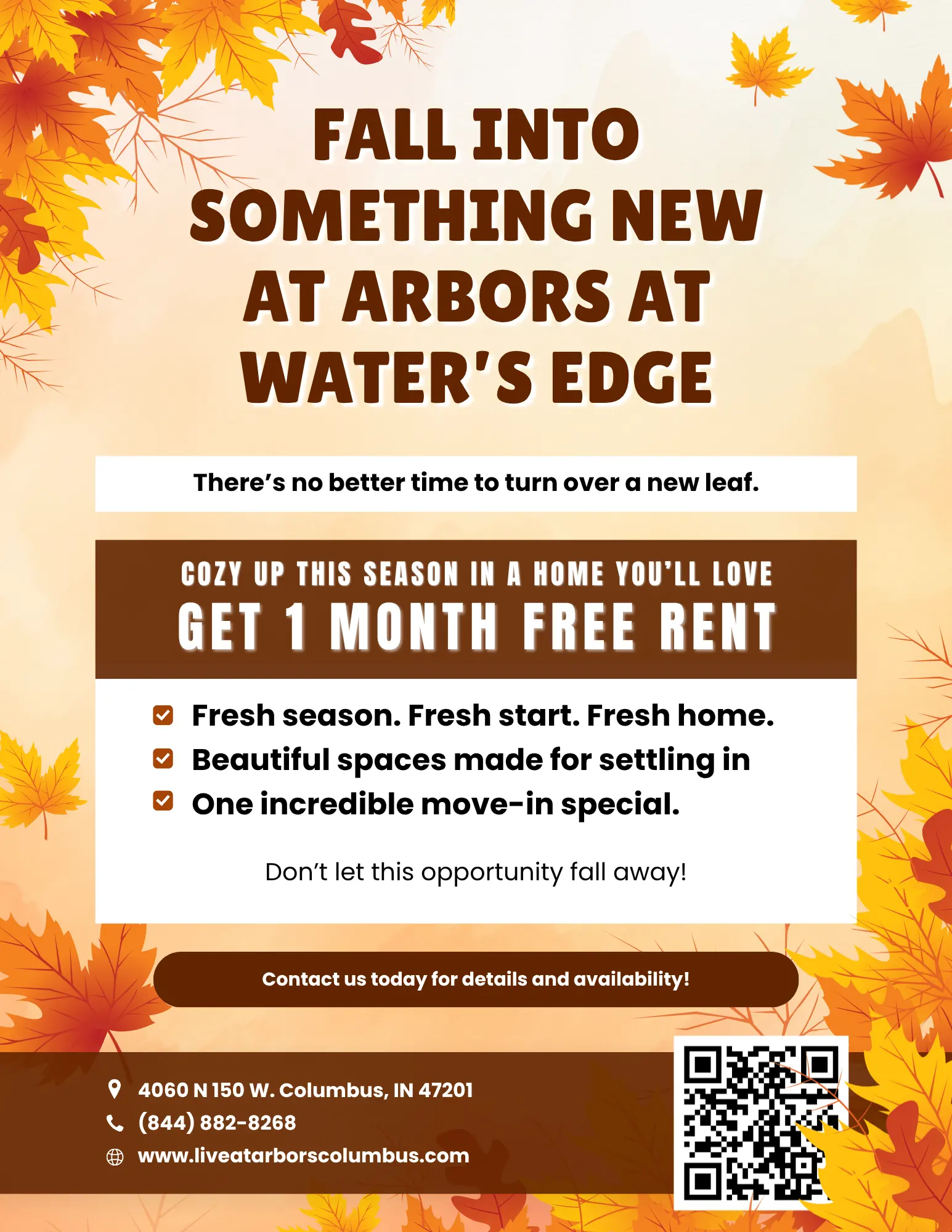 Promotional flyer for Arbors at Water's Edge, advertising a move-in special for apartments with autumn leaves in the background.