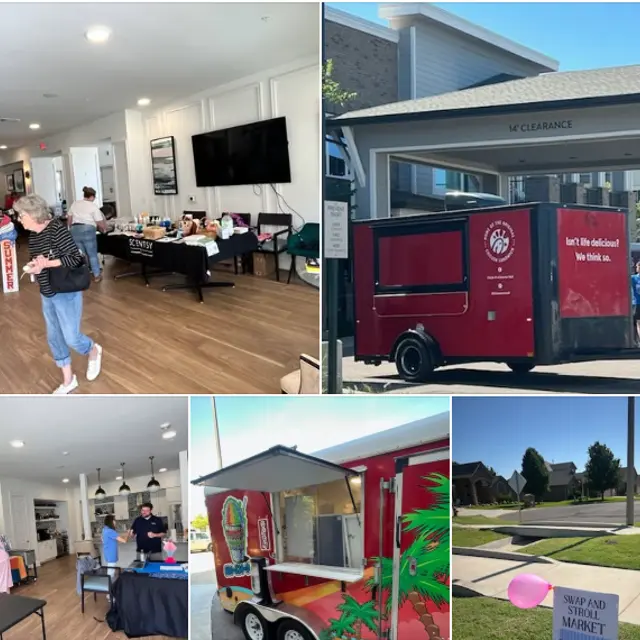A collage of images from the Swap and Stroll Market community event featuring a food truck and various indoor activities.