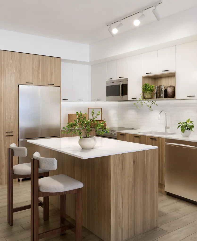 A contemporary kitchen featuring a wooden island with two stools, white cabinets, stainless steel appliances, and plants for decoration.