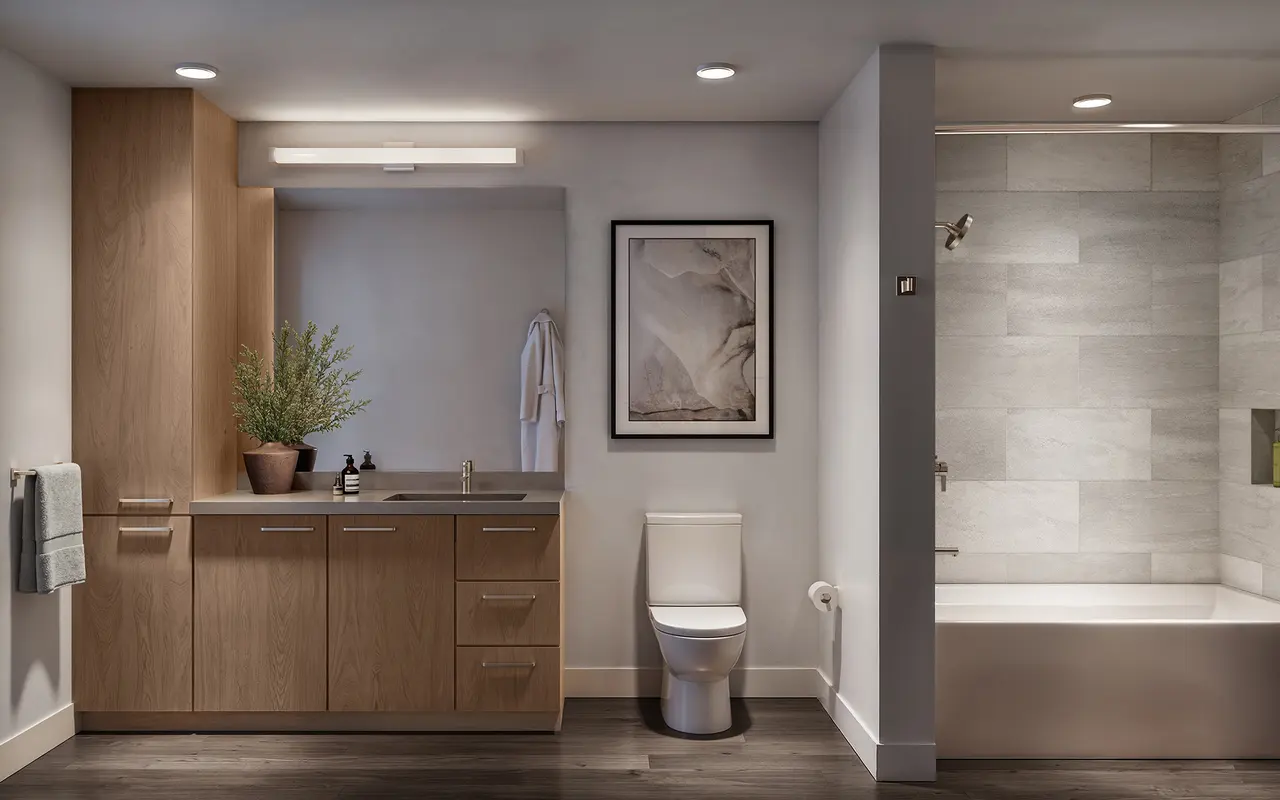 A modern bathroom featuring a wooden vanity, white toilet, and a bathtub with a tiled wall. Decorative elements include potted plants and a piece of framed art on the wall.