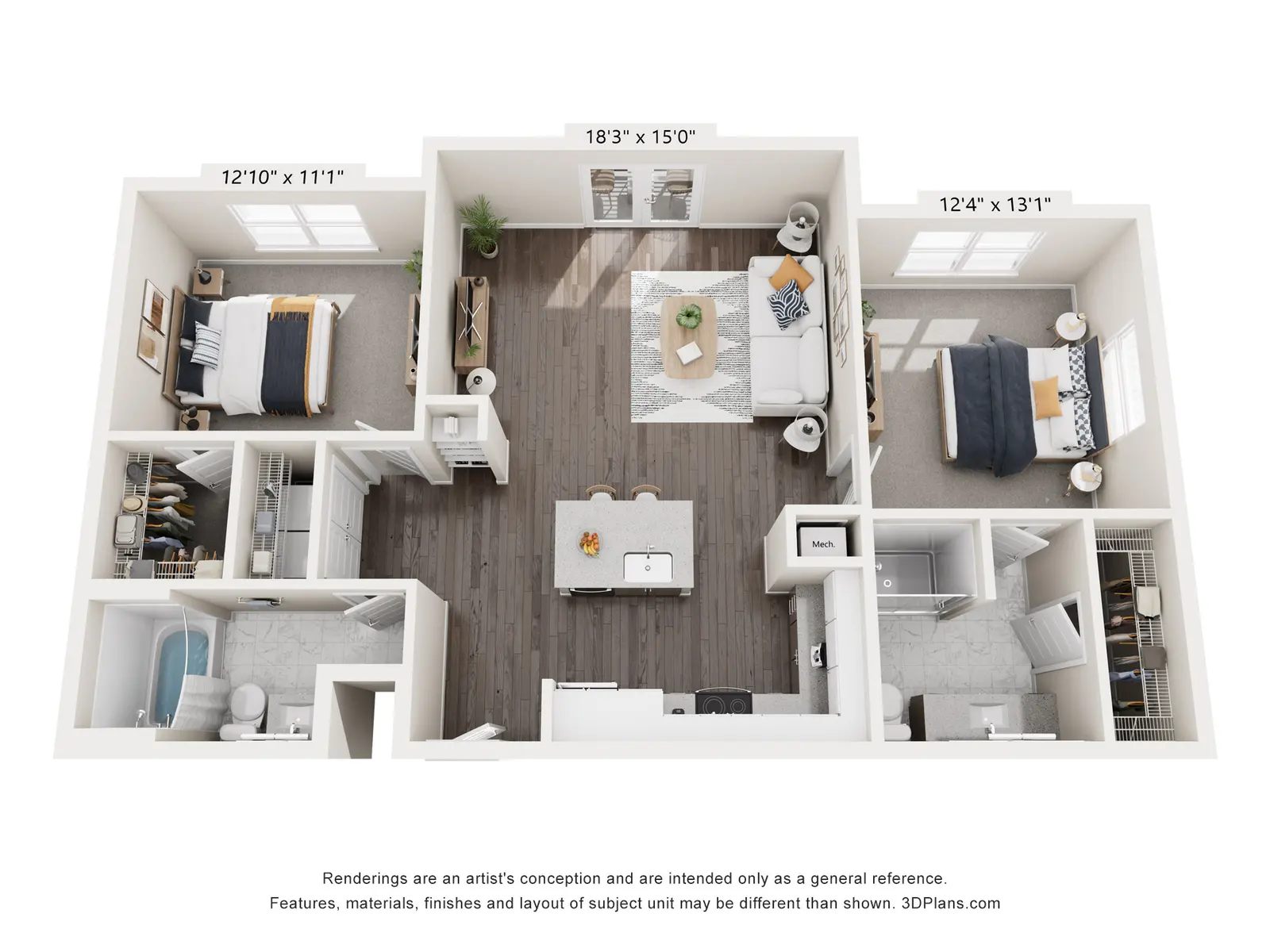 An overhead view of a two-bedroom apartment layout showcasing dimensions and room placements.