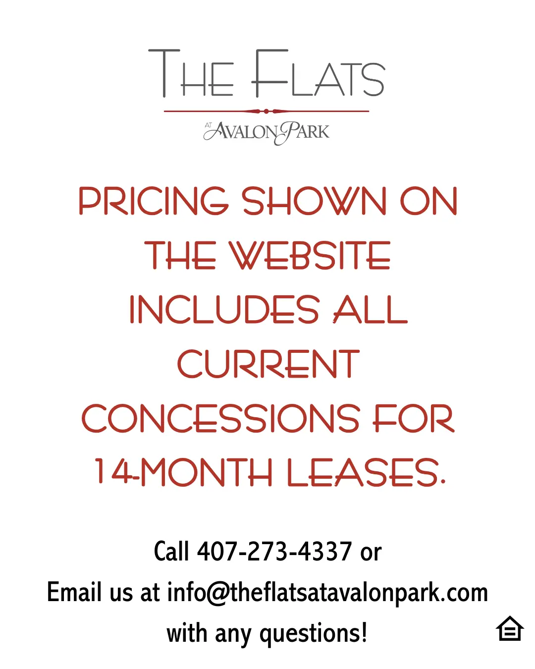 A flyer advertising The Flats at Avalon Park, detailing pricing and leasing information.