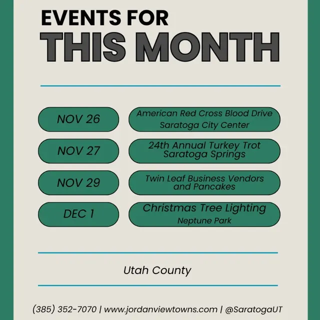 A schedule of events for the month featuring a blood drive, a turkey trot, vendor and pancake event, and a Christmas tree lighting.
