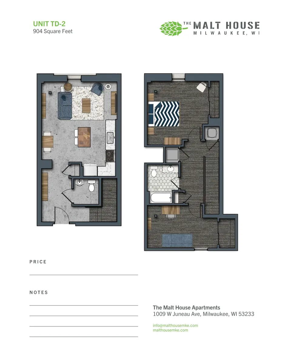 Floor plan of Unit TD-2 at The Malt House Apartments, featuring a layout of a 904 square feet apartment with designated areas for living, dining, kitchen, and bedrooms.
