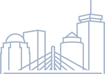 A minimalistic line drawing of a city skyline featuring various buildings and a bridge with a distinctive arch.
