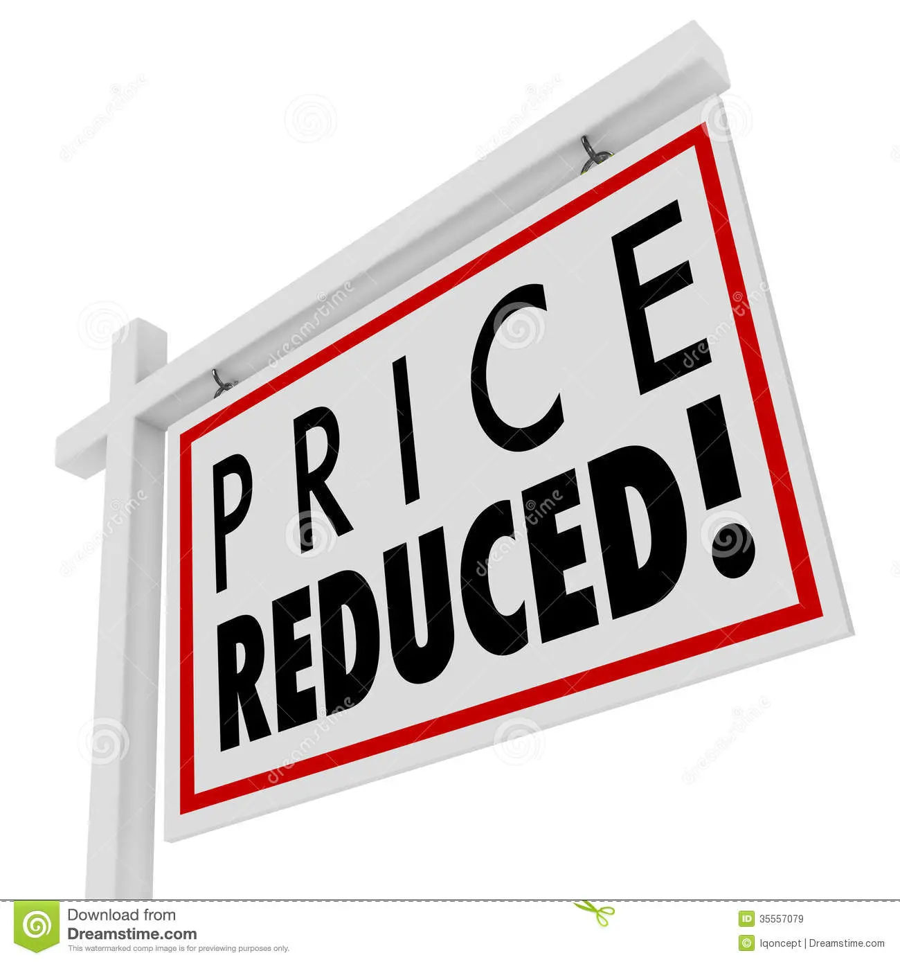A large sign displaying the words 'PRICE REDUCED!' in bold black letters on a white background, outlined in red, hanging from a white post.