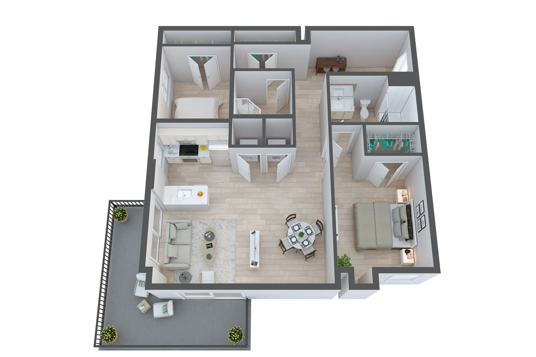 Modern Apartment Floor Plan 3D floor plan of a modern apartment featuring a living area, kitchen, dining space, two bedrooms, and a balcony.