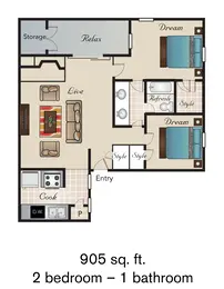 2 Bed | 1 Bath | 905 SQFT