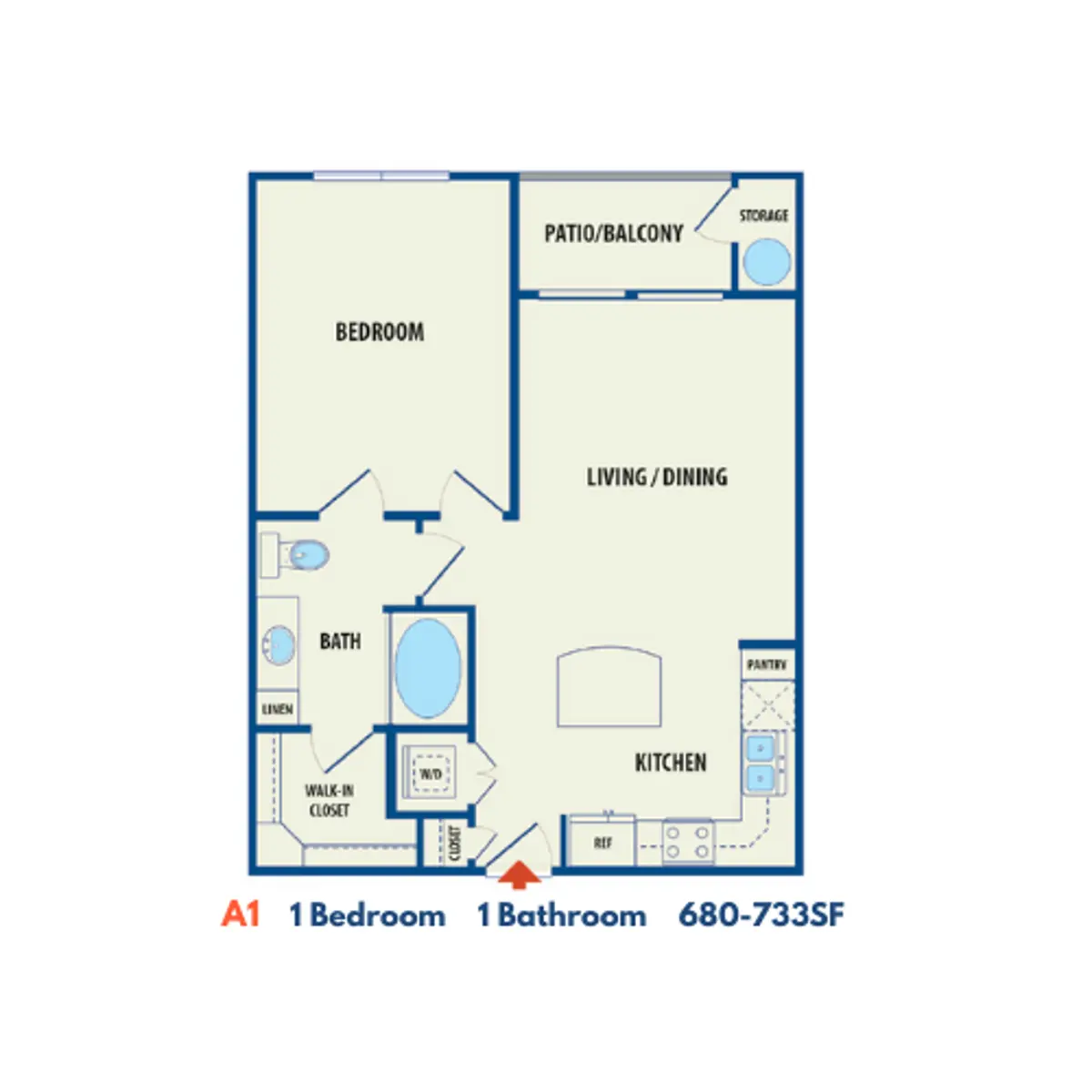 A layout of a 1-bedroom, 1-bathroom apartment featuring areas labeled for a bedroom, living dining space, kitchen, and bathroom.