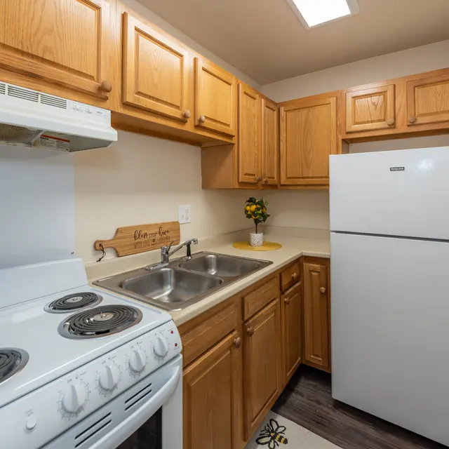 A small kitchen featuring wooden cabinets, a white stove, a sink with double basins, and a refrigerator. A potted plant decorates the counter.