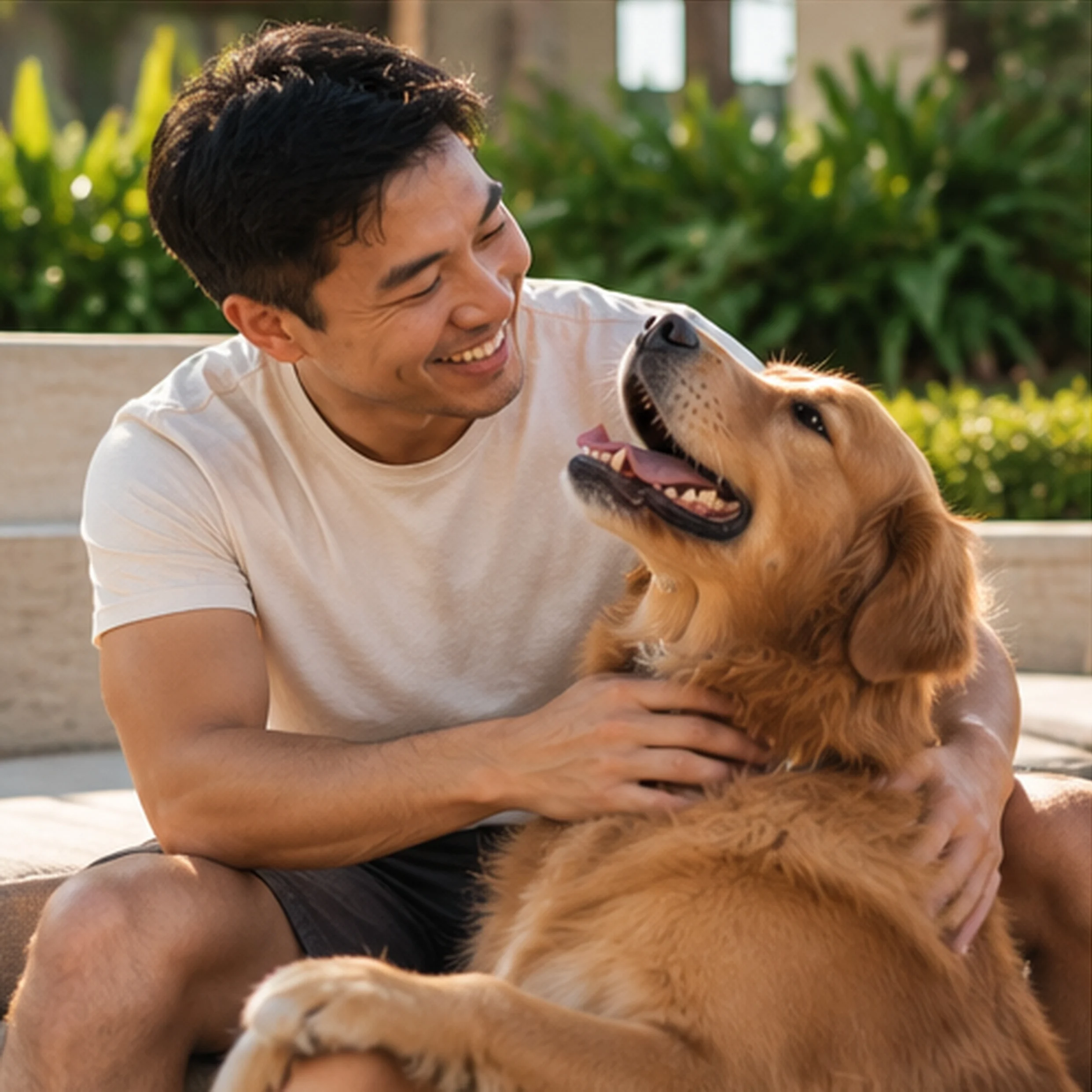 Man Enjoying Time with Dog A man smiling and playing with a golden retriever dog in a park setting.