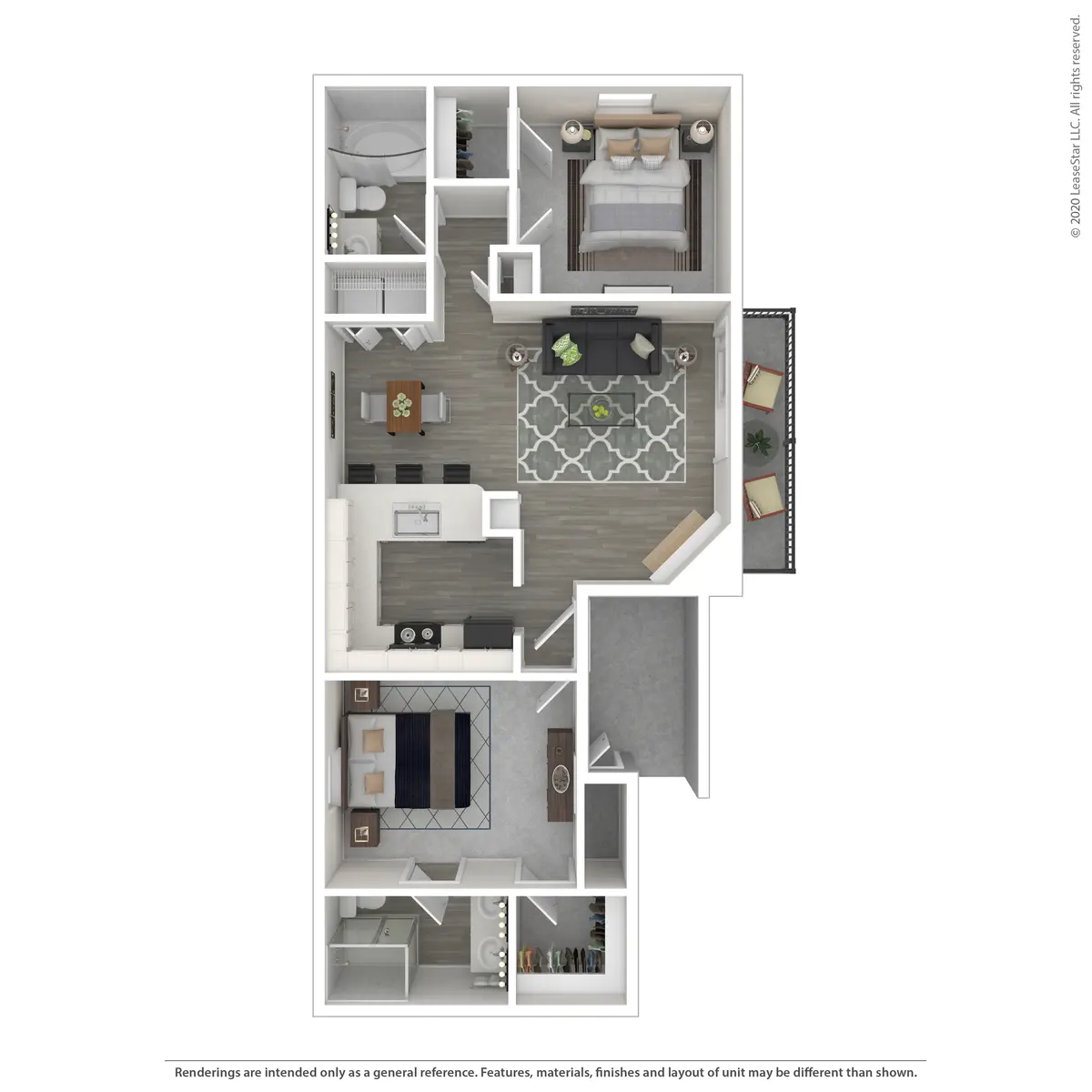 A top-down view of an apartment floor plan featuring a living area, kitchen, bedroom, and bathroom. Each room is outlined with furniture arrangements visibly placed. The layout indicates a modern and spacious design.