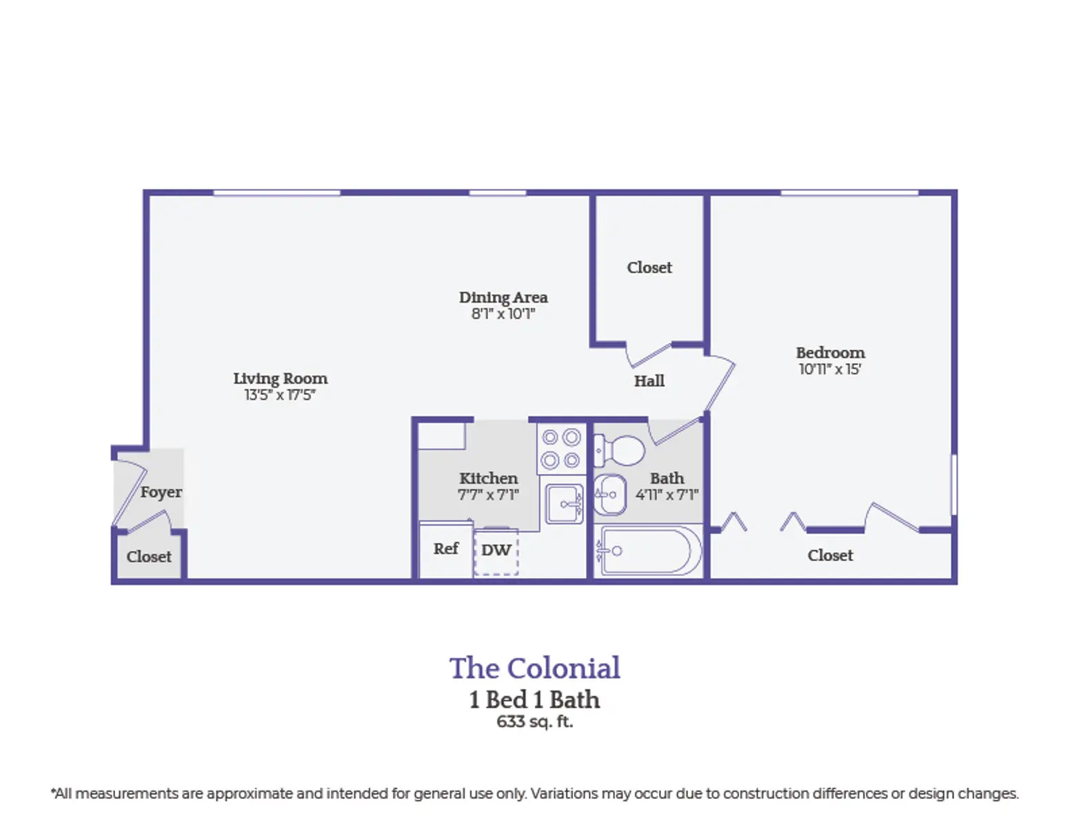 A floor plan of a 1 bedroom, 1 bathroom apartment named 'The Colonial,' with a total area of 633 sq. ft. Layout includes a foyer, living room, dining area, kitchen, bathroom, and bedroom, along with multiple closets.