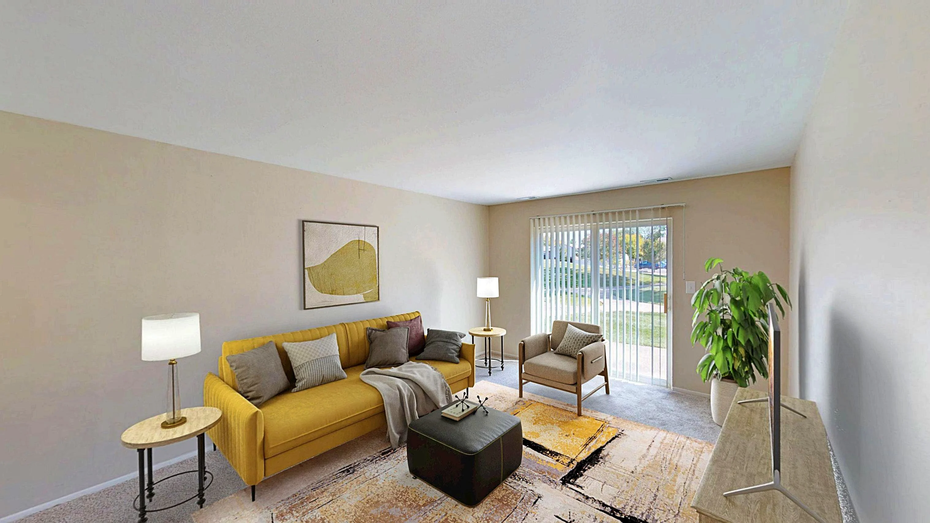 Cozy Modern Living Room A cozy and modern living room featuring a yellow sofa with cushions, a coffee table, an armchair, and a decorative plant. There are two lamps and a stylish rug on the floor. Large windows allow natural light in, showing a view of the outside.