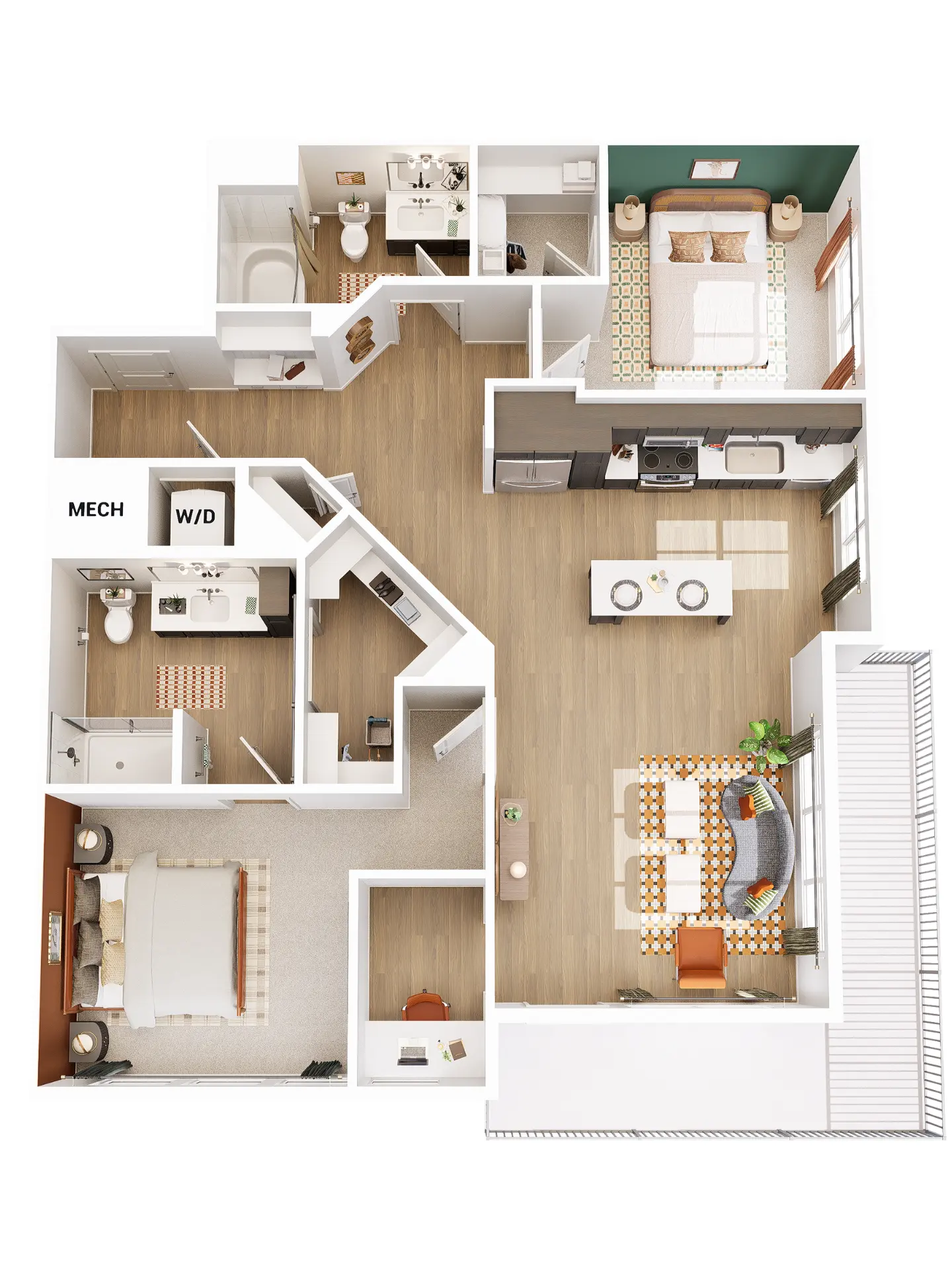 A detailed floor plan of a two-bedroom apartment showing living areas, kitchen, bedrooms, and bath.