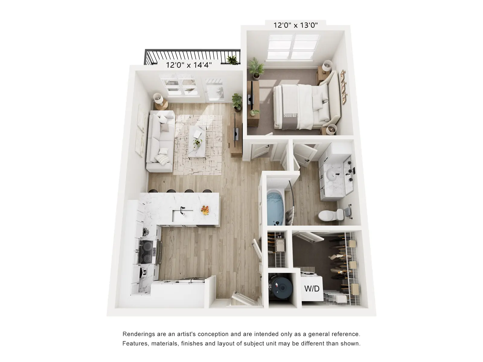 A top-down view of a 2-bedroom apartment layout showcasing the kitchen, living area, and bedrooms. Dimensions are indicated for each room.