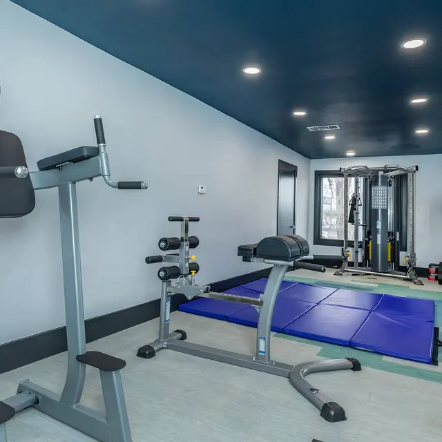 A well-equipped modern gym interior featuring exercise machines, weights, and workout mats. The space has a blue ceiling and neutral-colored flooring.