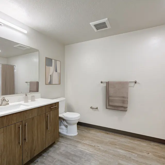 A modern bathroom with a wooden cabinet vanity, a white sink, a toilet, and gray tones. The walls are light-colored, and there is a large mirror above the sink. A shower area is on the right, and a towel is hanging on the wall.