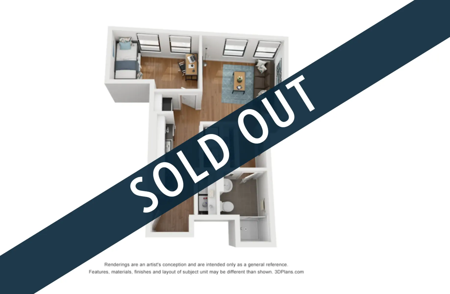 A 3D floor plan of an apartment layout with rooms labeled. A watermark stating 'SOLD OUT' is across the image.