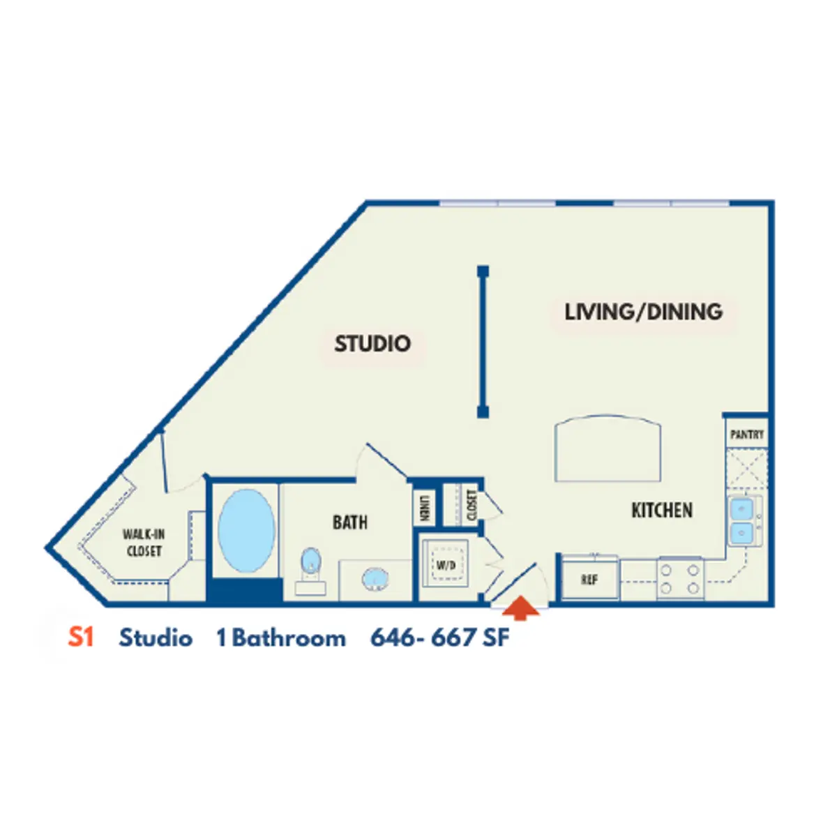 A floor plan of a studio apartment featuring a living/dining area, kitchen, bathroom, and walk-in closet. The dimensions are noted as 646-667 square feet.