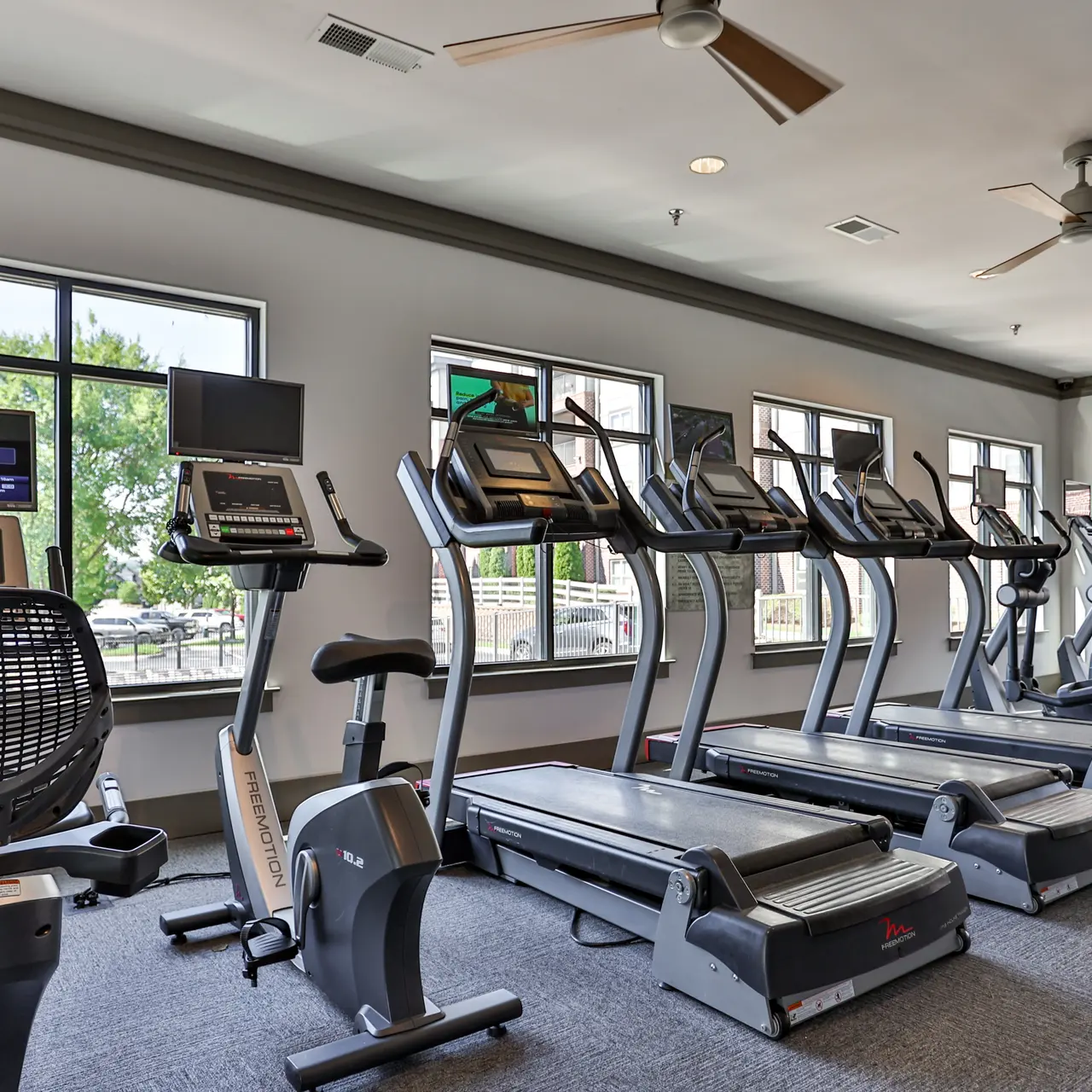 A modern gym interior featuring several treadmills, ellipticals, and exercise bikes with large windows allowing natural light and ceiling fans for ventilation.