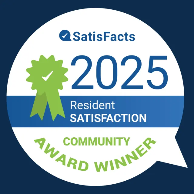 A circular award badge indicating '2025 Resident Satisfaction Community Award Winner' from SatisFacts, featuring a green ribbon and checkmark.