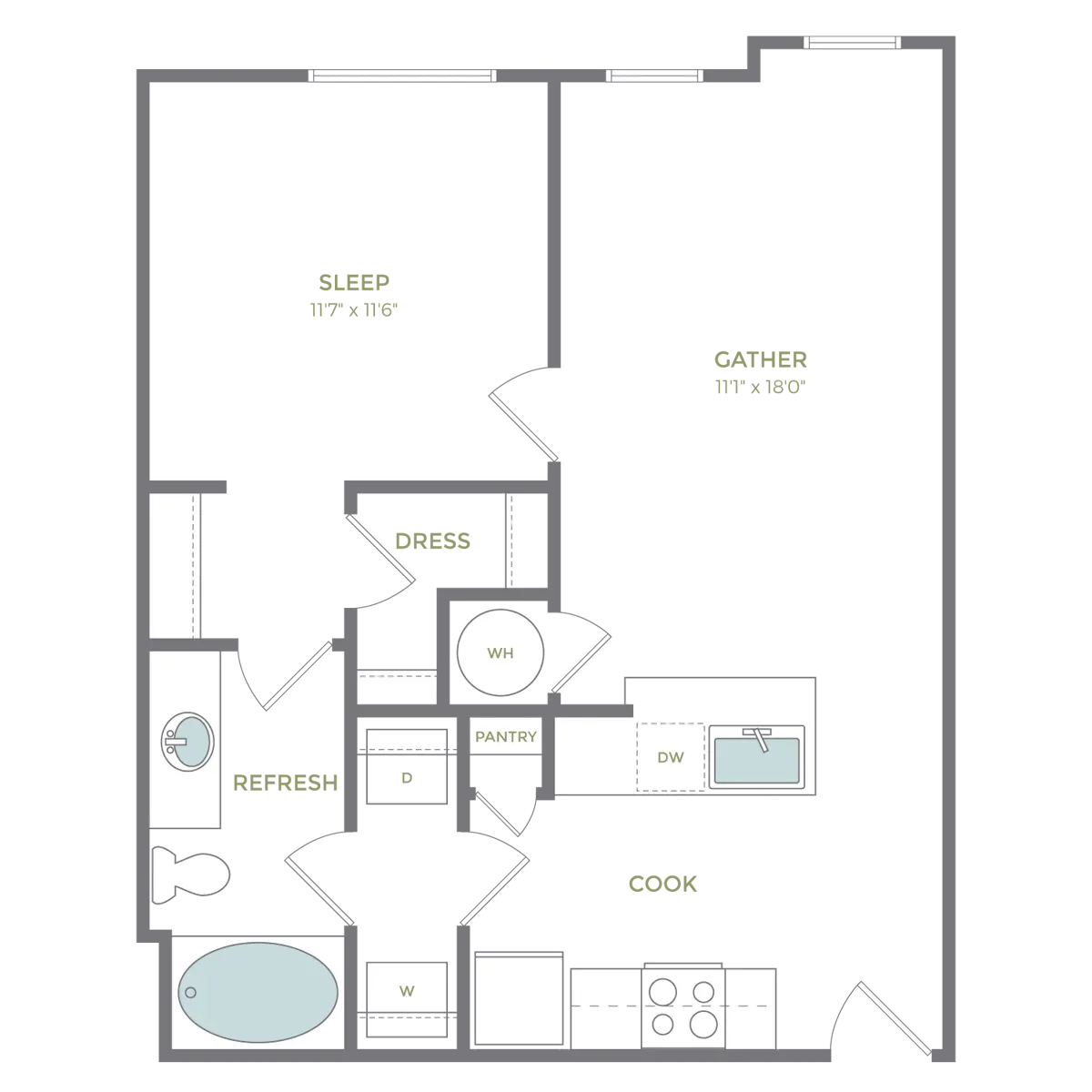 One-Bedroom Apartment Floor Plan A floor plan for a one-bedroom apartment featuring a sleeping area, kitchen, and bath.