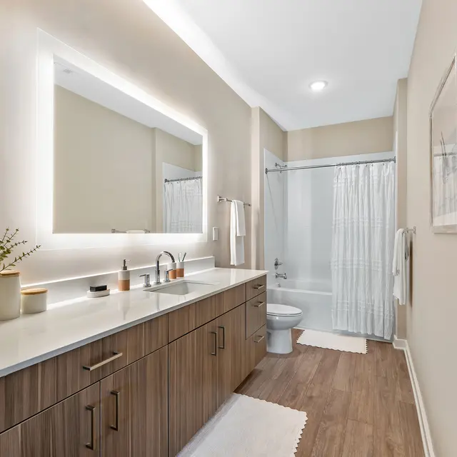 Stylish Modern Bathroom A modern bathroom featuring wood cabinetry, a white countertop, a double sink, a large mirror with backlighting, and a shower with a curtain. The floor is made of wooden planks and there is a small rug on the floor.