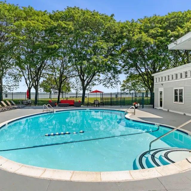 A clean swimming pool surrounded by lounge chairs and large trees on a sunny day.