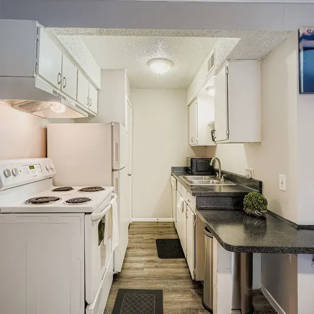 Modern compact kitchen with white cabinets and appliances, featuring a washing machine, stove, and sink, along with countertops and a small decorative plant.