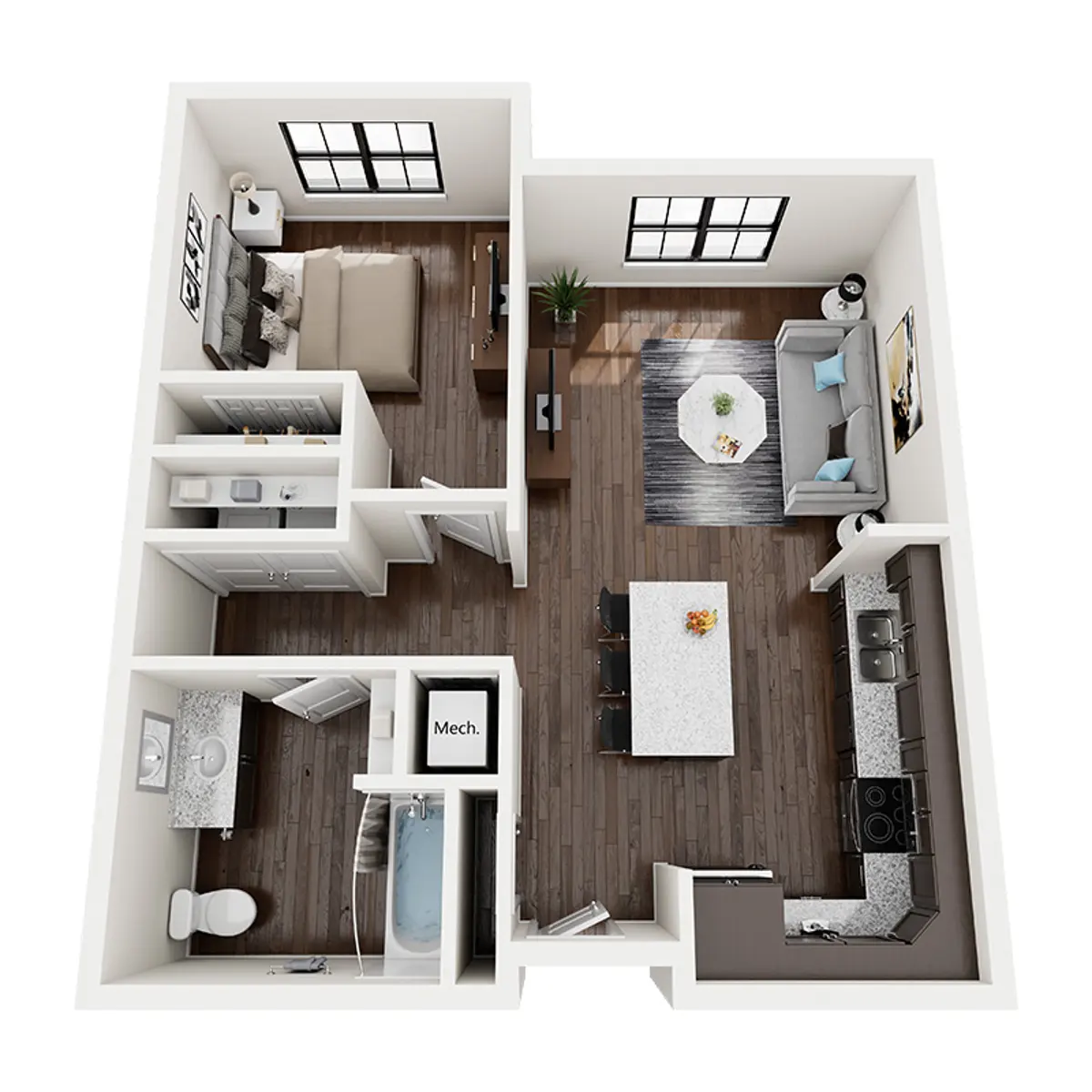 A top-down view of a modern apartment layout featuring a bedroom, bathroom, living room, dining area, and kitchen.