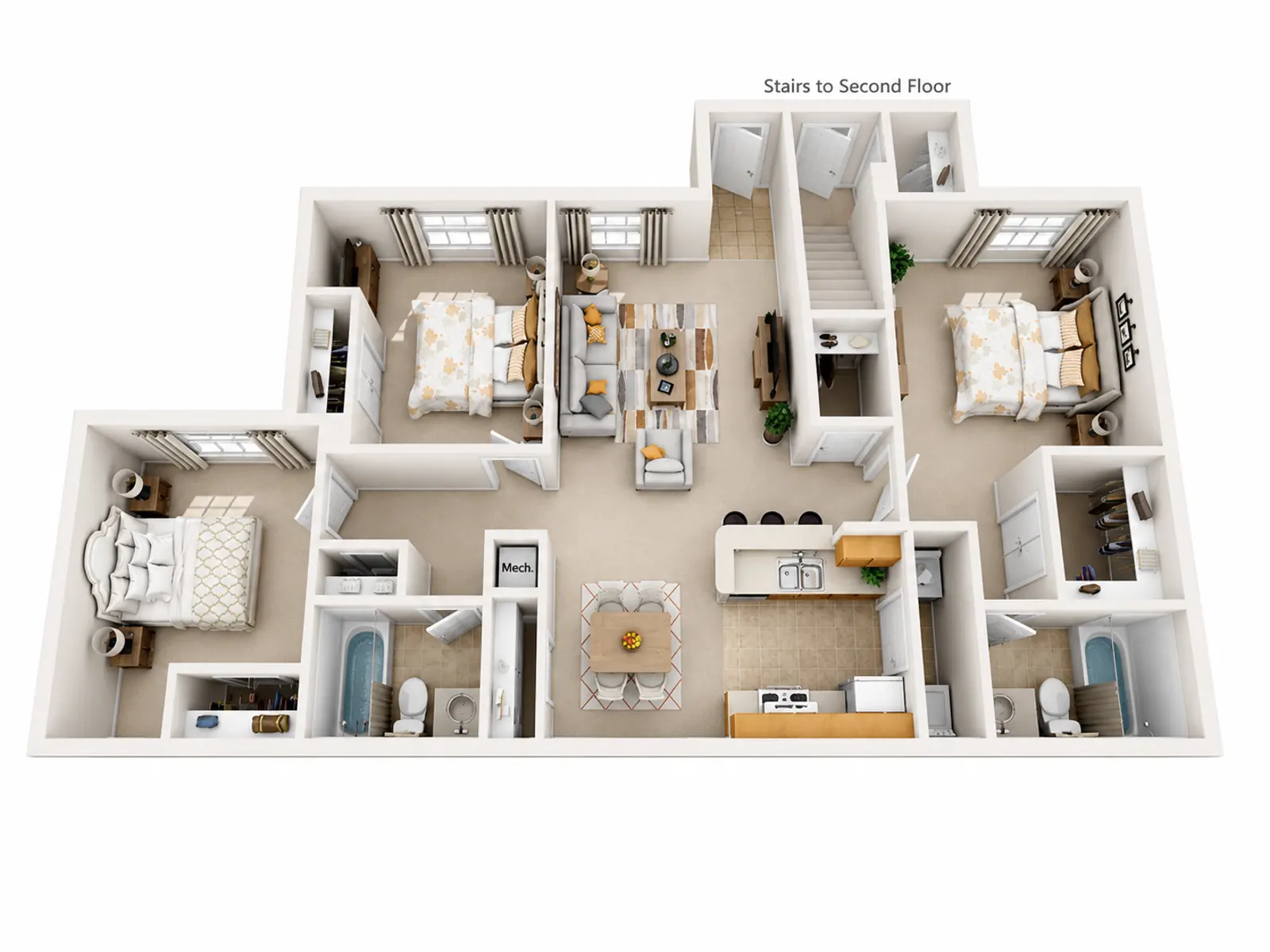 A detailed architectural floor plan showing a two-bedroom apartment layout with a living area, kitchen, and stairs to a second floor.