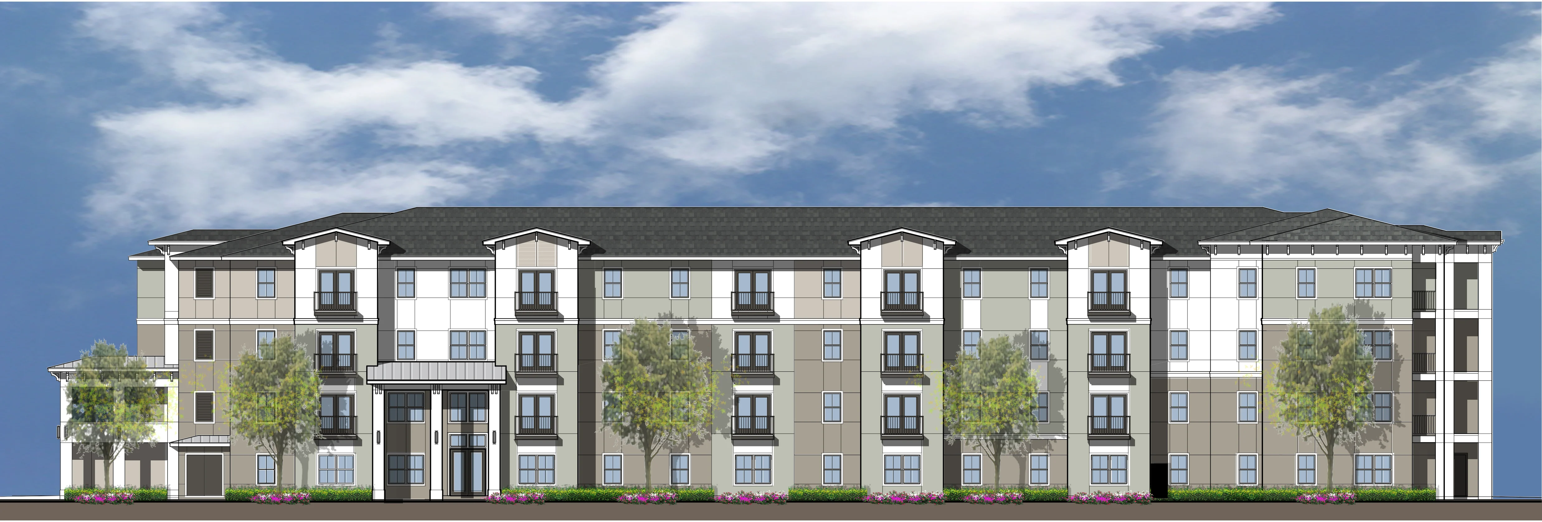 Modern Apartment Complex Rendering Architectural rendering of a modern apartment building with multiple stories, featuring a blend of tan, white, and dark blue colors, surrounded by trees and purple flowers, under a partly cloudy sky.