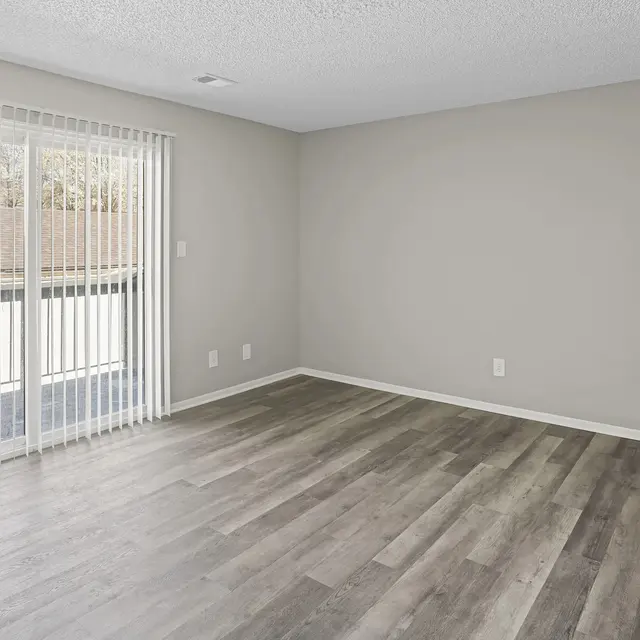 Empty Living Room Space An empty living room featuring light wood flooring, beige walls, and large sliding glass doors with vertical blinds. A single door is visible on the right side of the room.