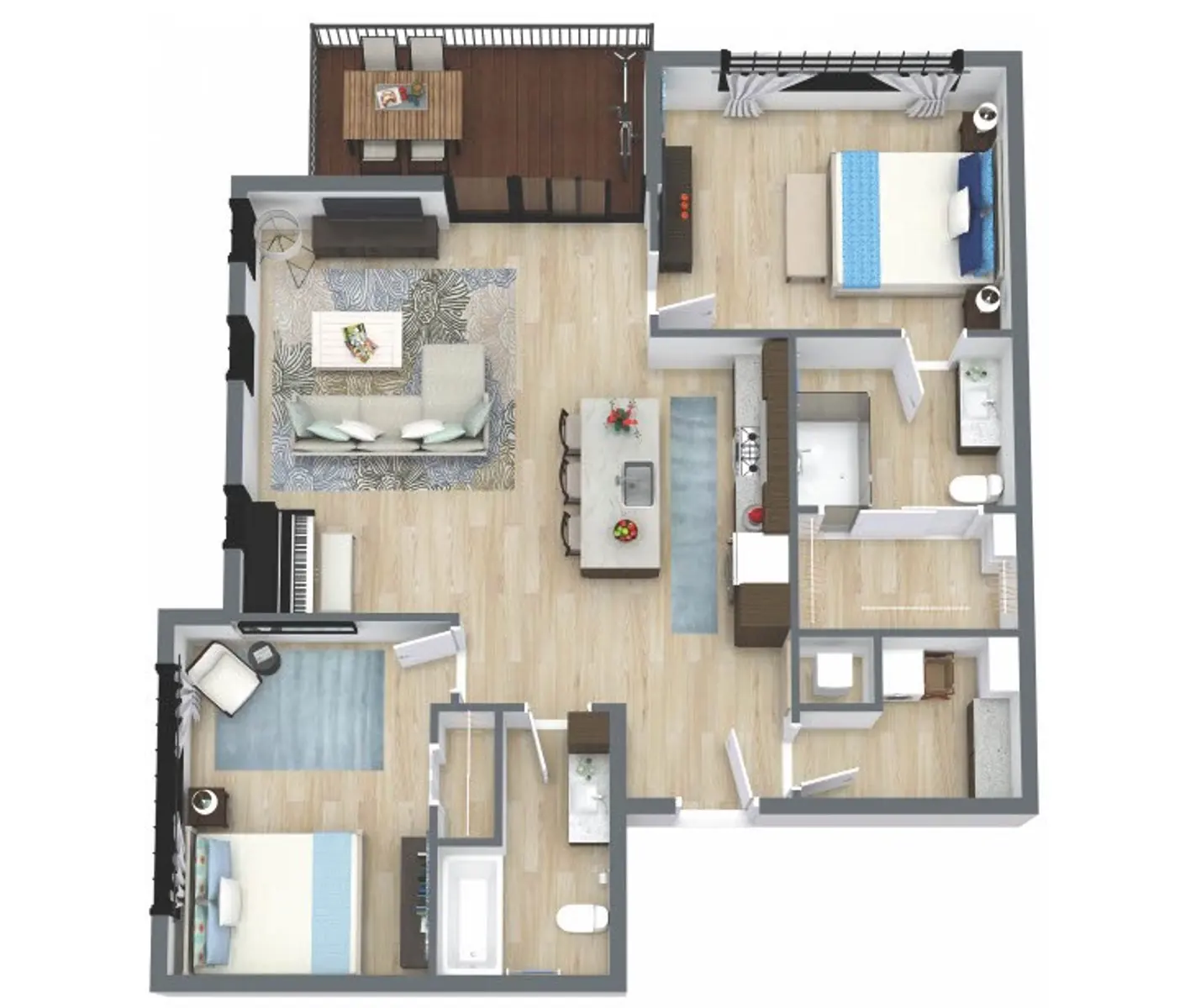 Two-Bedroom Apartment Floor Plan Architectural floor plan showing a two-bedroom apartment layout with a living area, kitchen, and two bathrooms.